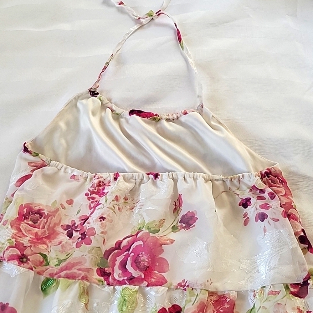 The Childrens Place Girls White Pink Rose Floral Tiered Halter Dress, Size: 14 - Picture 6 of 8